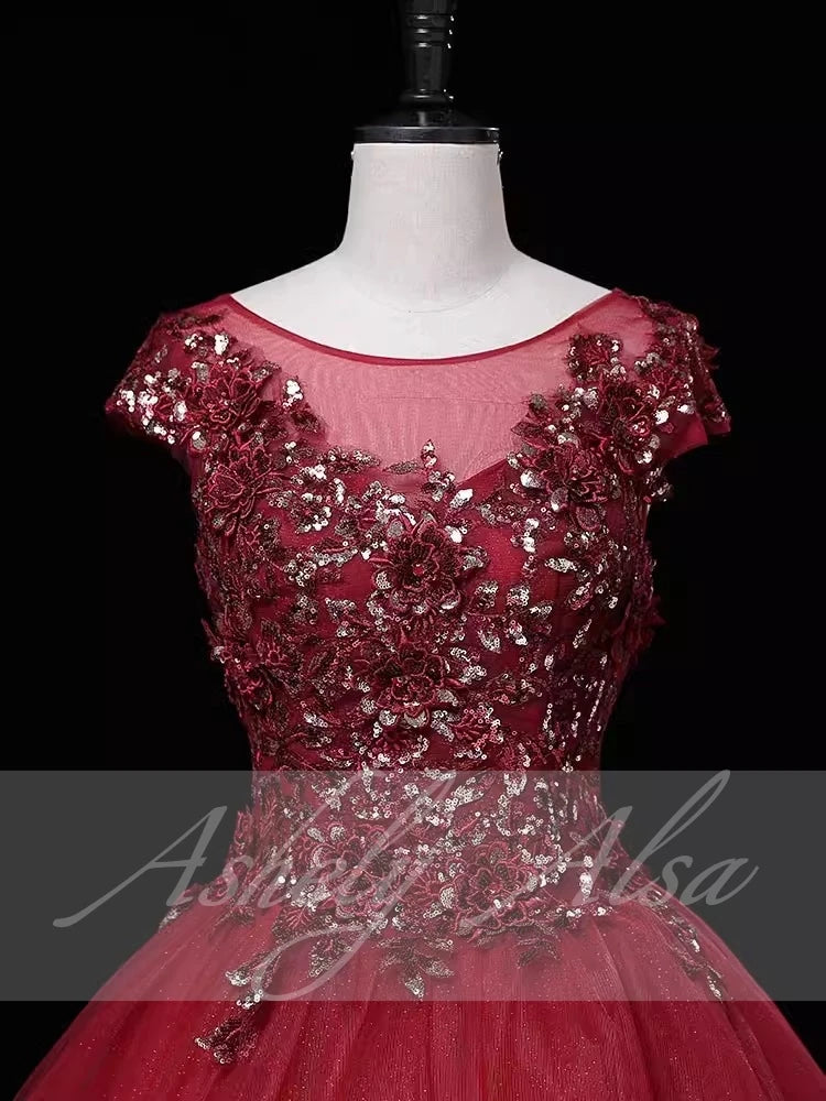 Macy Mexican Wine Red Women Wedding Party Dresses O -Neck Flower Applique Corset Puffy Birthday Occasion Prom Dress Quinceanera 15 16