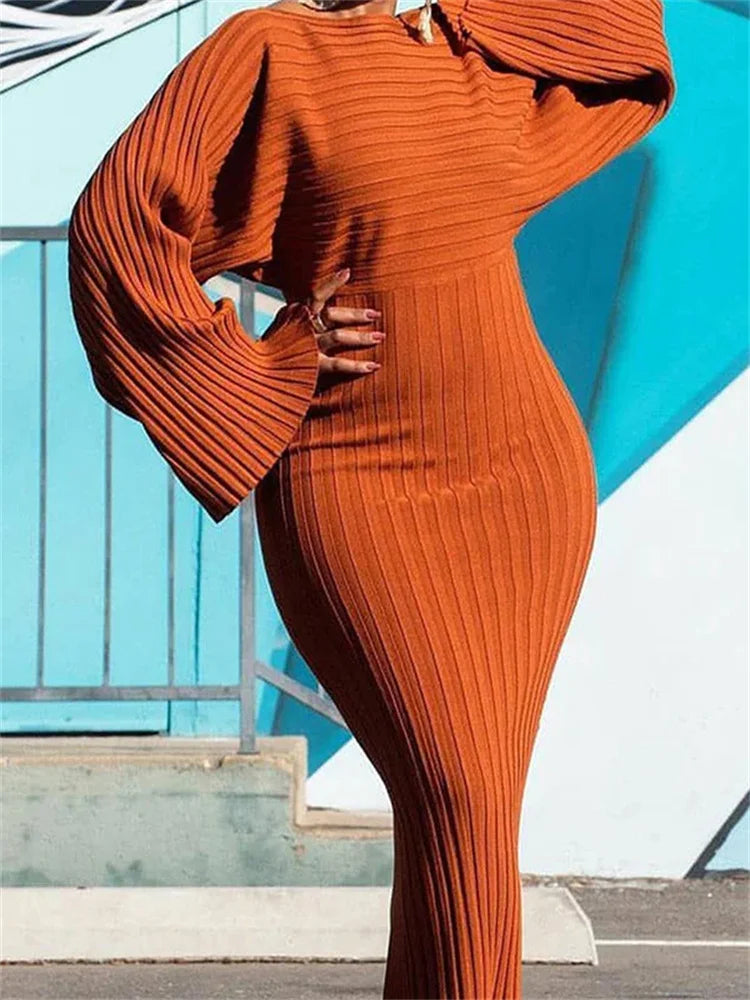 Maxy Women Dress Sexy Slim Fit O-Neck Long Sleeve Cocktail Party Elegant Ribbed Solid Color Hip Wrap Knitted Long Dresses Gown
