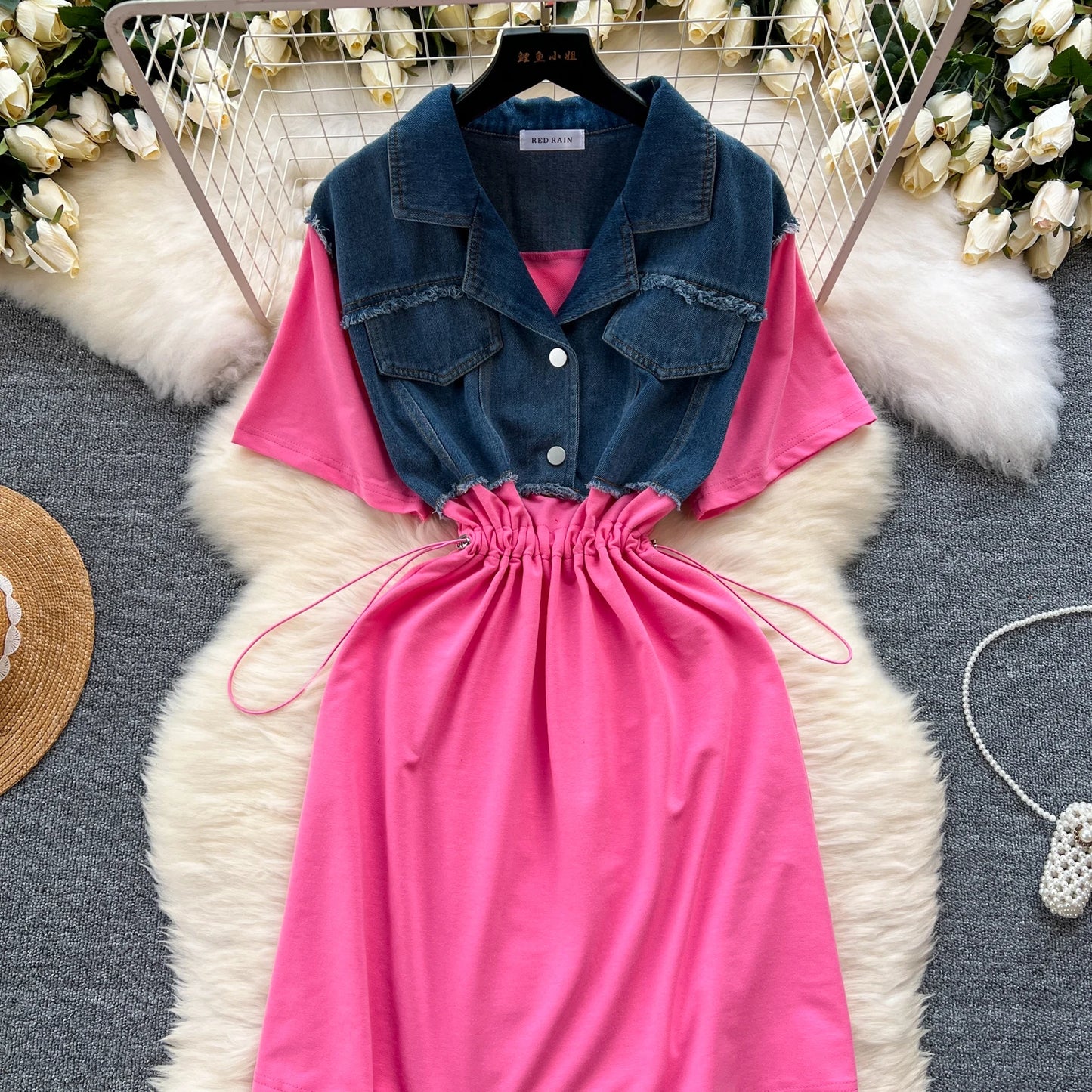 Women Casual Shirt Dress Korean Summer Short Sleeve Patchwork Denim Short Dresses Female Slim Drawstring High Waist Dress