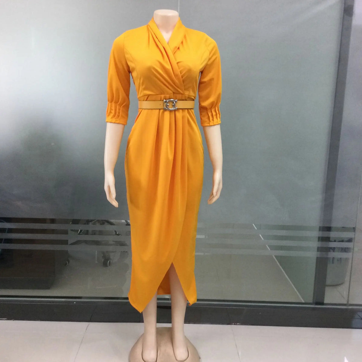 Maxy Elegant Office Ladies Dresses Women Fall Clothes Plus Size Long Sleeve Slim 3XL Dresses With Belt
