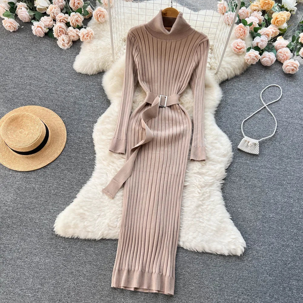 Babs Green Winter Turtleneck Sexy Women Dress Autumn Long Sleeve Skinny Macy  Bodycon Casual Sweater With Belt Party Club