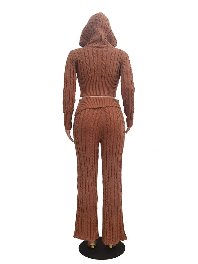 Maxy New 2 Piece Sets Women Clothing Pants Sets Casual Solid Color Knitted Long Sleeved Two-piece Set