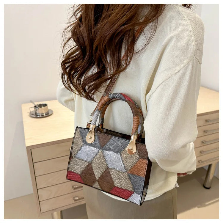 Maxy Fashion Patchwork Leather PU Top-handle Bags For Women, Square Design Ladies Handbags Crossbody Shoulder Bags For Daily Used