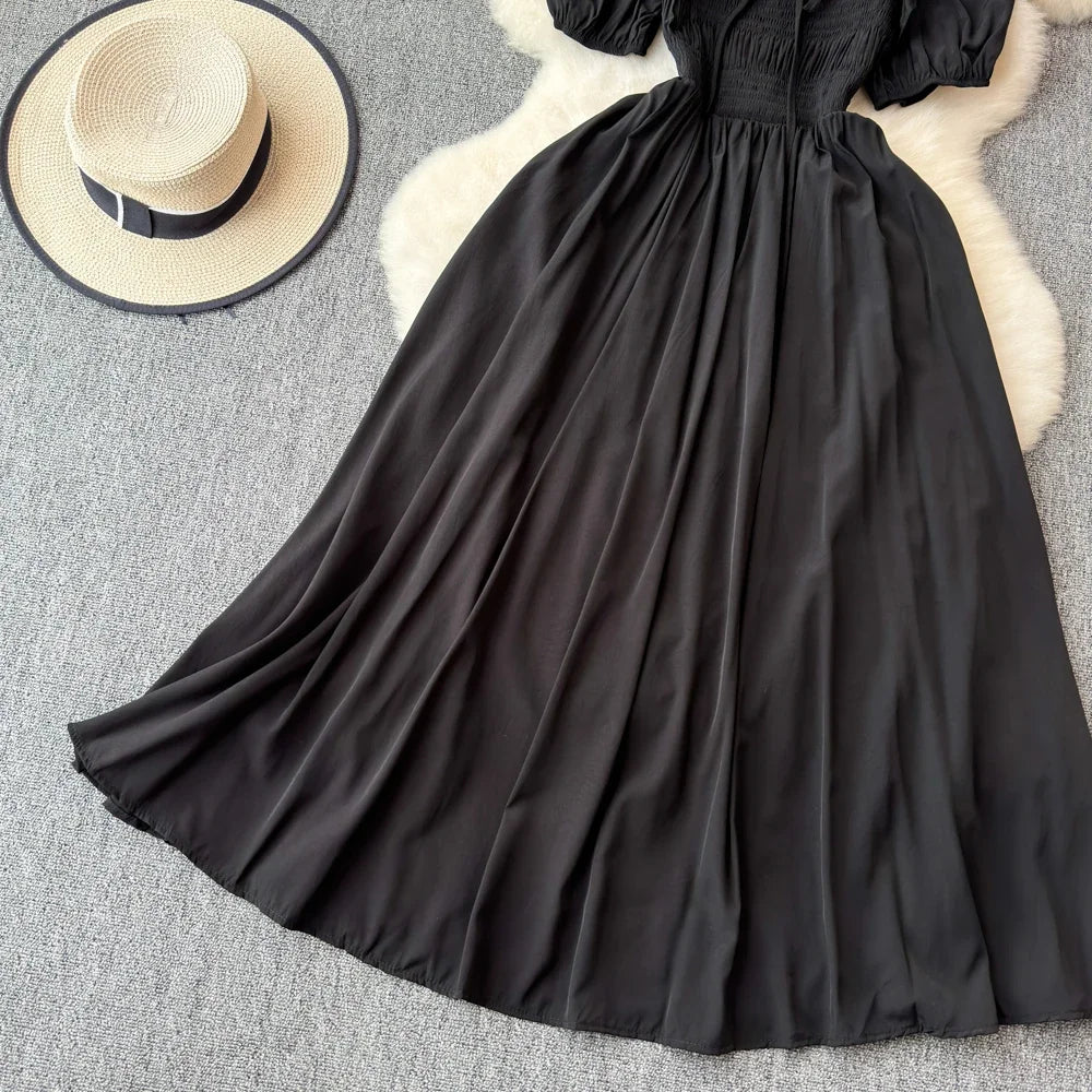 Babs Chic Elegant Square Collar Macy Dress Women Solid Short Puff Sleeve Dresses 2024 Korean Fashion Vintage Ruffle Vestidos