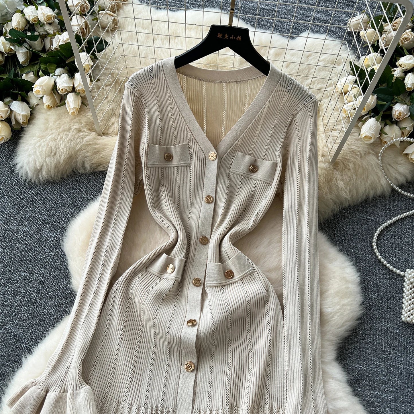 Babs Sexy Chic Long Sleeve V Neck Ruffle Knit Dress Elegant Fashion Party Single Breasted Slim Autumn Dresses