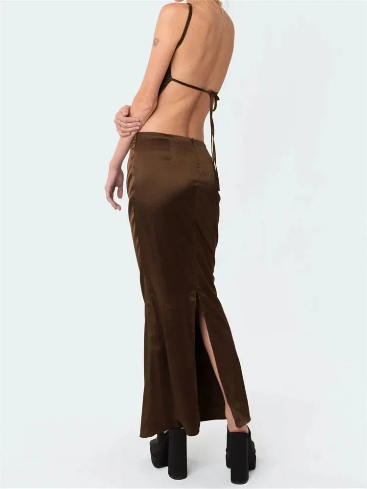 Momsey2 Piece Sets Women Spaghetti Strap Backless Bandage Tops + Long Skirts Outfits Summer Retro Elegant Sexy Club Y2K Streetwear