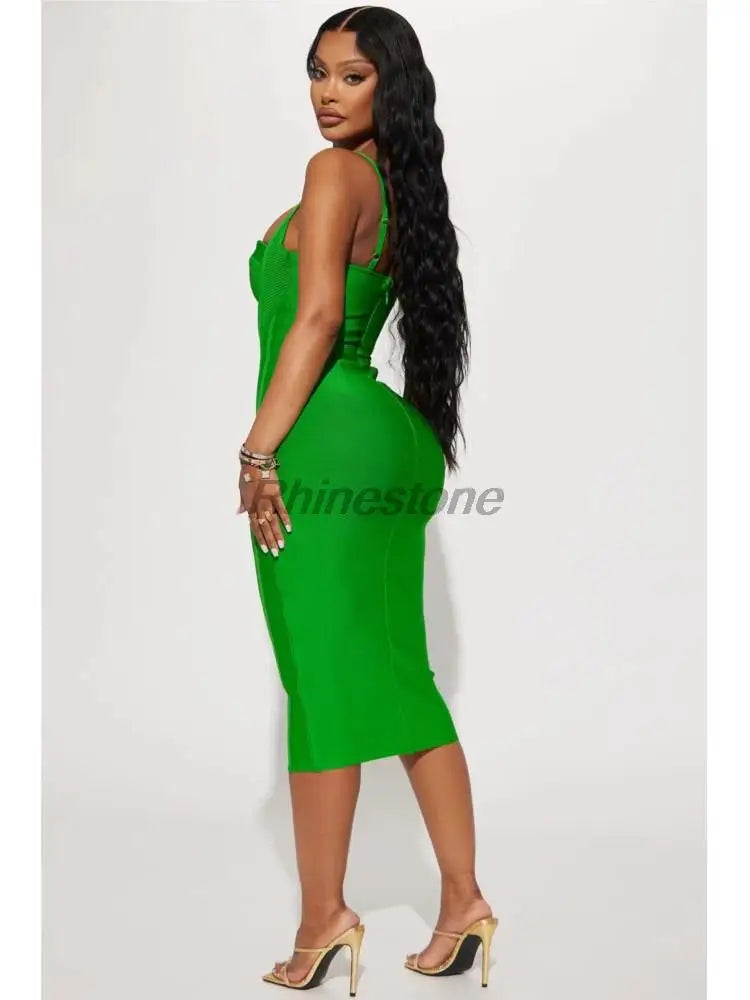 Maxy Hot Style Green Sexy Low Cut Bag Buttocks Strap Fashion Party Bandage Dress