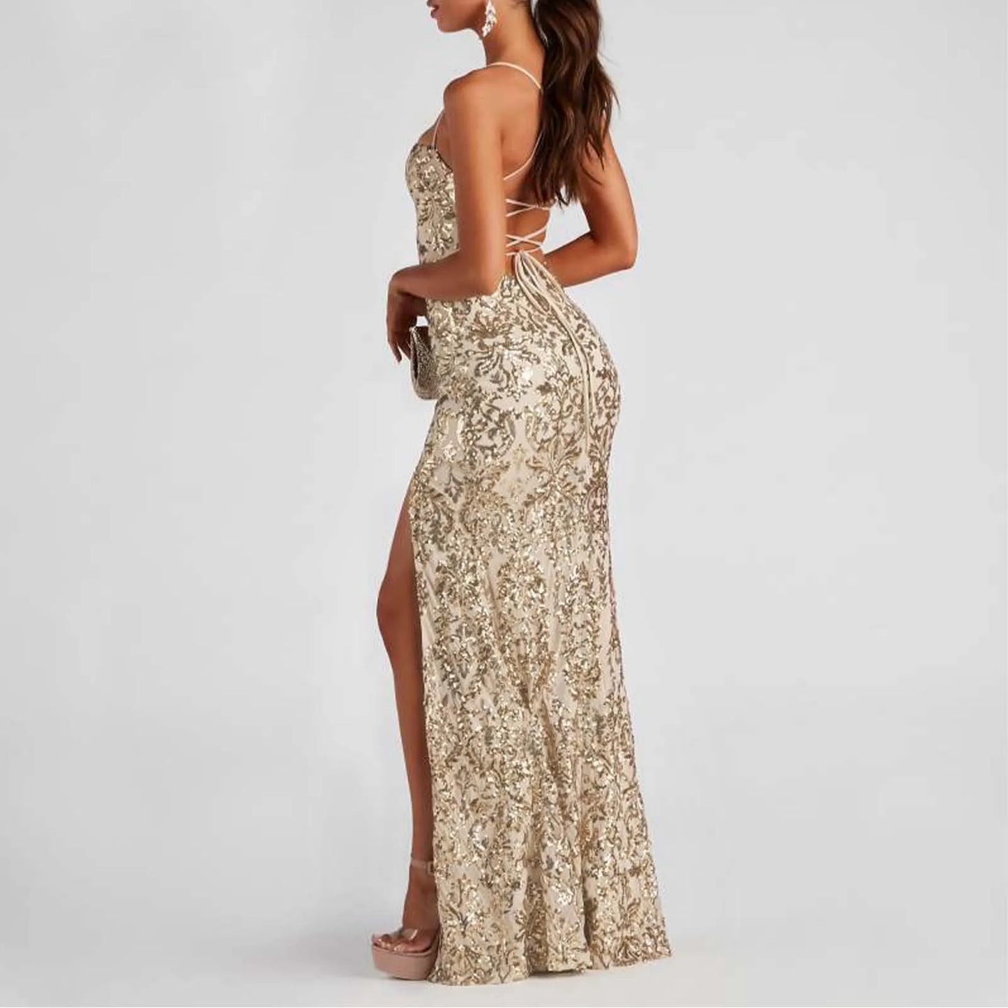 Macy Glitter Light Blue Evening Dresses Sequined Spaghetti Straps V Neck Mermaid Prom Gown Open Back Cross Straps Split Party Dress