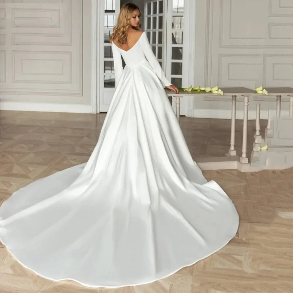 Maxy Modern Wedding Dress Long Sleeves A Line Simple Boho Garden Bridal Gown Court Train Bride Women