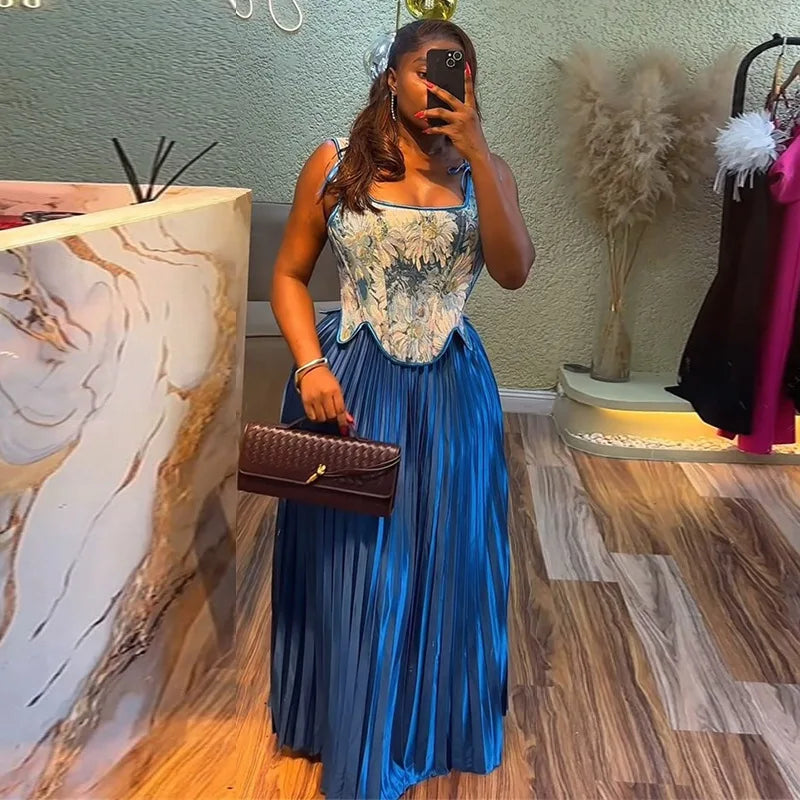 Maxy CM.YAYA Women's Set Floral Print Waist-cinching Vest +Pleated Long Skirts Suit 2025 Party Evening Street Two 2 Piece Set Outfit