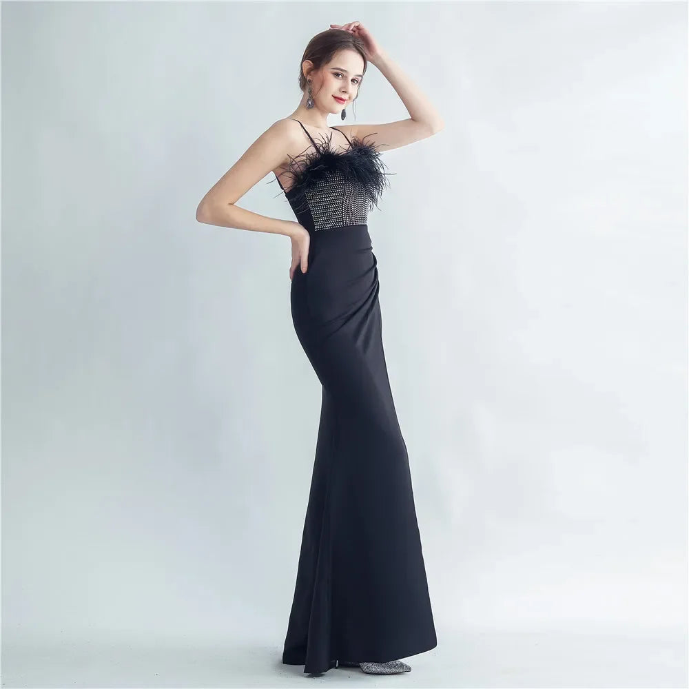 Babs Sequin Sexy Bust Beading With Feather Spaghetti Strap Slit Long Mermaid Party Night Dresses