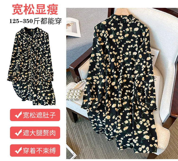 Momsey150Kg Plus size Women's Bust 150 Spring Autumn New Loose Long-Sleeved Lapel Floral Shirt-Dress Black 5XL 6XL 7XL 8XL 9XL