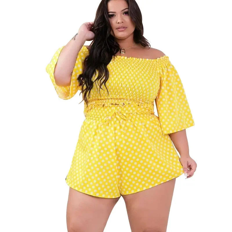 Maxy Plus Size Two Piece Set Women's Clothing Off Shoulder Short Sets Dot Print Top Sweet Suit Summer dresses