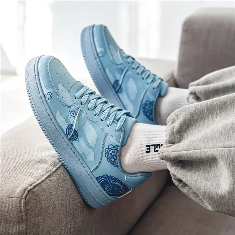 Maxy Fashion Print Blue Men's Skateboard Shoes Leather Breathable Man Casual Sneakers Platform Non-slip Men Skateboarding Shoes
