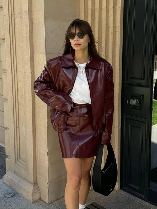 Babs Women Wine Red Leather Jacket Mini Skirt Suits Elegant Lapel Zipper Outwears Hip Wrapped Skirts 2 Piece Set Lady Outfits