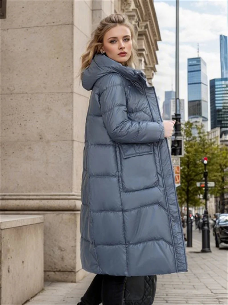 Momsey 2024 New Thicken Snow Parkas Fashion Windproof Glossy Down Cotton Hooded Women Jacket Winter Loose Long Coat Ladies Outwear