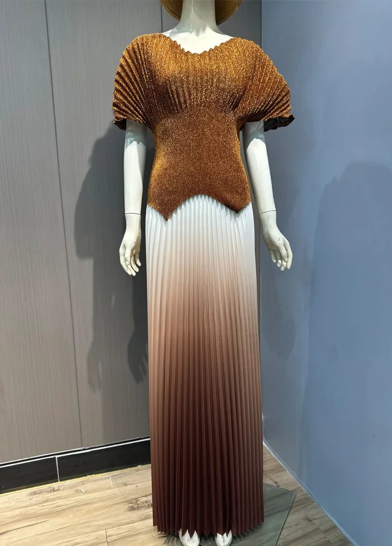 Maxy Pleated 2 Pieces Set Women Fashion V Neck Short Batwing Sleeves Irregular Hem T-shirt&New Gradient A-line Folds Long Skirt