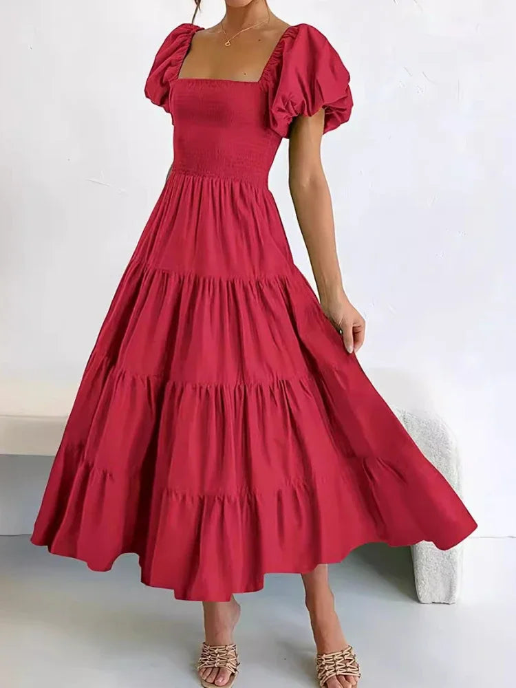 Maxy Dress Women Clothing Ruffles Ruched A-Line Frock Square Neck Short Sleeve Dress Vacation Streetwear Outfits Summer
