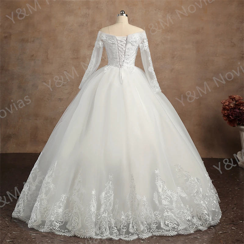 Maxy Real video Ball Gown Off Shoulder Wedding Dresses Full Sleeve Sweetheart Lace Bead Wedding Dresses for Women 2024