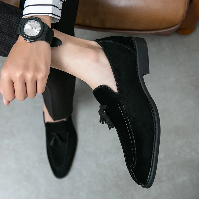 Visco Men's Loafers Brand Suede Leather Shoes Vintage Slip-on Classic Casual Men Driving Shoes Wedding Male Dress Shoes Tassel pointed