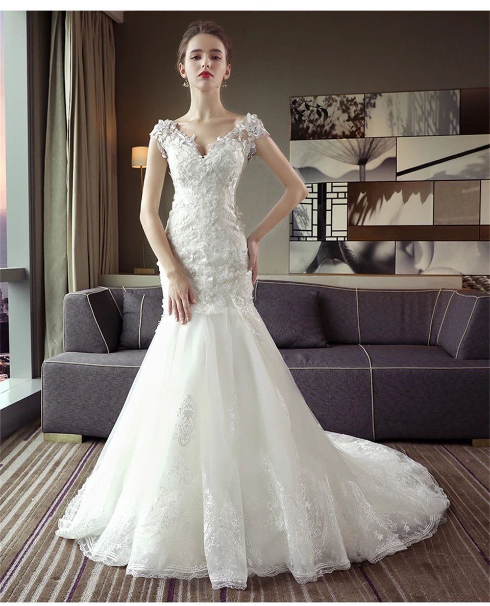 Babs Elegant Cap Sleeves V-neck Appliques Mermaid Tulle 2024 Wedding Dresses for woman Court Train Bridal Gowns.