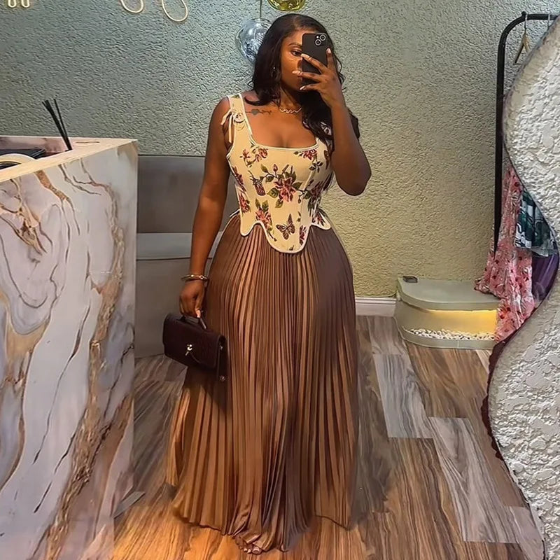 Maxy CM.YAYA Women's Set Floral Print Waist-cinching Vest +Pleated Long Skirts Suit 2025 Party Evening Street Two 2 Piece Set Outfit