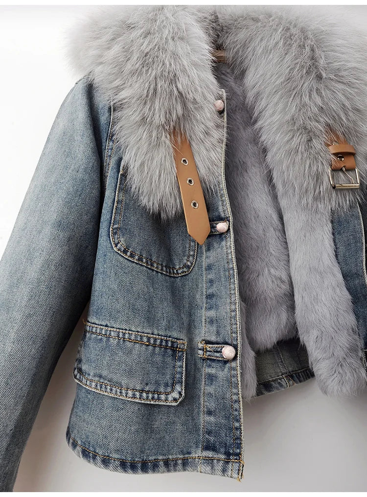 Maxy Natural Fox Fur Collar Rabbit Hair Liner Denim Jacket Women Cowboy Outwear Winter Thick Vintage Slim Short Jeans Jacket Female