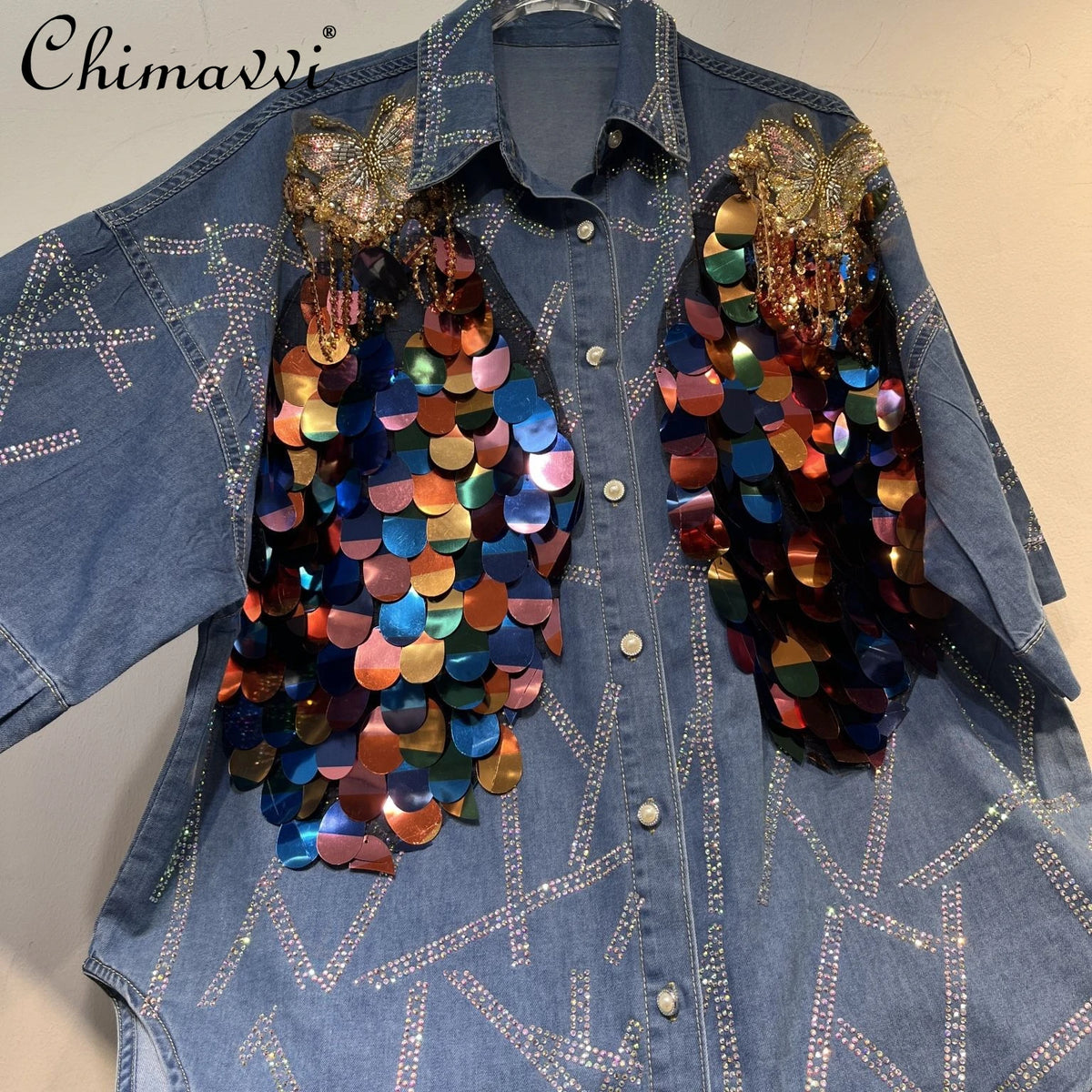 Maxy European Station High Fashion Denim Shirt Top Summer New Heavy Sequined Butterfly Tassel Pants 2-piece Women's Outfits