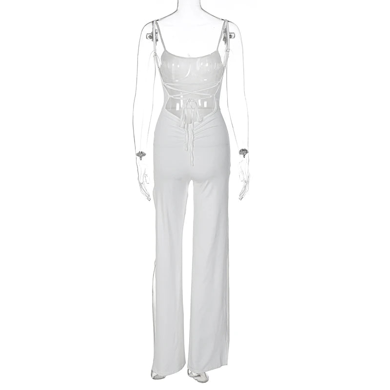 Maxy Summer Women Sexy Y2K Lace Up Backless Strap Rompers Slit Wide Leg Jumpsuit Outfits Vacation Streetwear Overalls