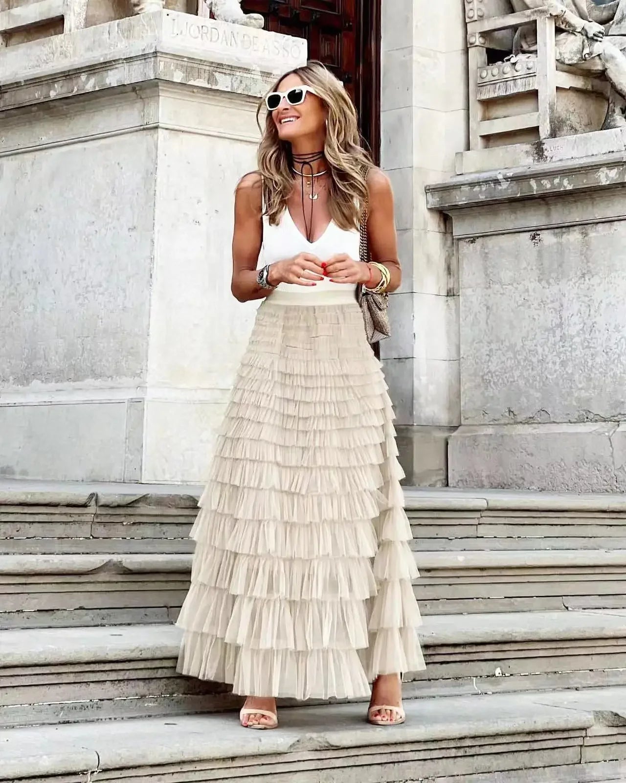 Maxy New Casual Women's Solid Ball Gown Long Skirt Tulle High Waist Pleated Elegant Ladies Wild Mesh Dating Skirts Drop