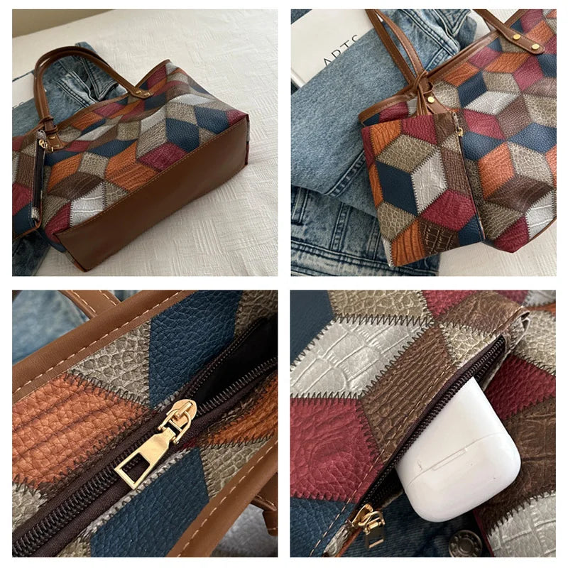 Maxy Vintage Patchwork PU Leather Casual Tote Bags For Women, Large Capacity Shoulder Bag Ladies Handbags And Purses
