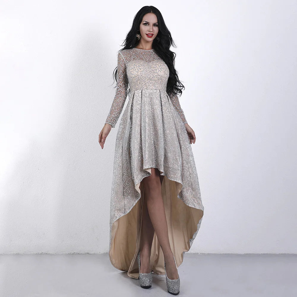Macy Gorgeous Elegant Perspective Long Sleeve Crewneck Lace Sequins Party Dinner Wedding Lady Small Tail Dress