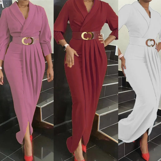 Maxy Elegant Office Ladies Dresses Women Fall Clothes Plus Size Long Sleeve Slim 3XL Dresses With Belt