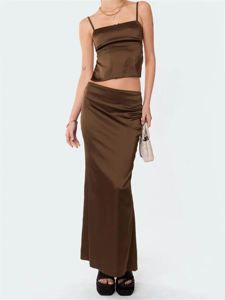 Momsey2 Piece Sets Women Spaghetti Strap Backless Bandage Tops + Long Skirts Outfits Summer Retro Elegant Sexy Club Y2K Streetwear