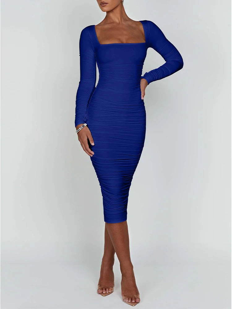 Maxy Autumn and Winter Women Sexy Bodycon Dress Square Neck Long Sleeved Ladies Evening Dresses