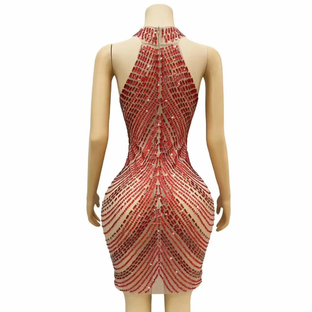 Babs Glitter Short Party Dress Sexy Clothing Women Red Rhinestone Elegant Dress Nightclub Platy drsss