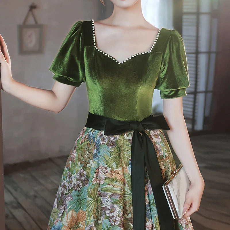 Macy Evening Dress Green Velvet Floral Square Collar Short Sleeves A-line Floor-length Plus size Women Party Formal Gown