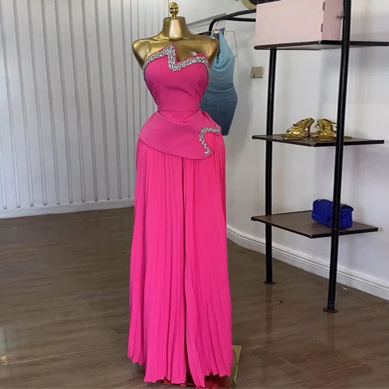 Maxy CM. YAYA Women's Set Diamonds Hot Rhinestones Crop Top and Pleated Wide Leg Pants Suit 2025 Two 2 Piece Sets Outfits Tracksuit
