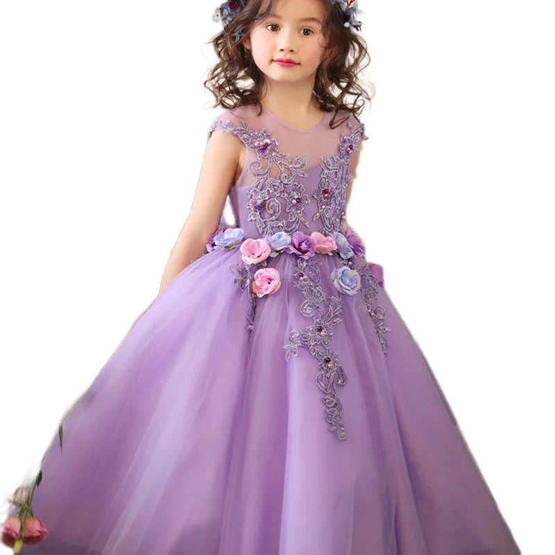 Macy Princess Kid Girls Prom Elegant Dress Tulle robe de Princess Tutu Piano Costume Purple Birthday Party Christmas Easter Host Dress Clothes