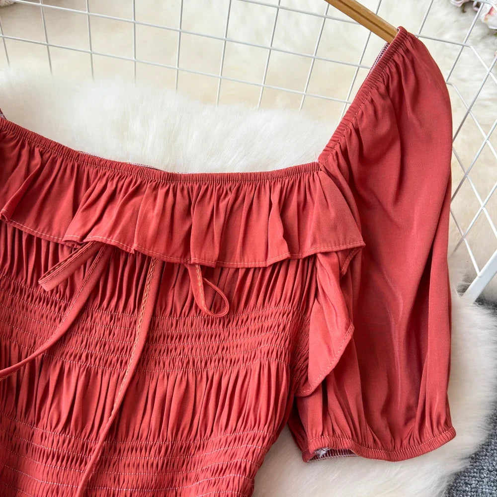 Babs Chic Elegant Square Collar Macy Dress Women Solid Short Puff Sleeve Dresses 2024 Korean Fashion Vintage Ruffle Vestidos