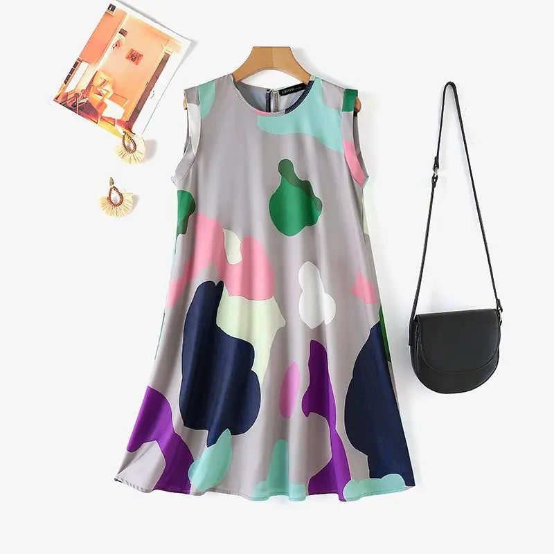 Maxy Summer Holiday Printing Dress Women O-neck Sleeveless Knee Robes 2024 Vintage Loose Tank Sundress Beach Oversize dress