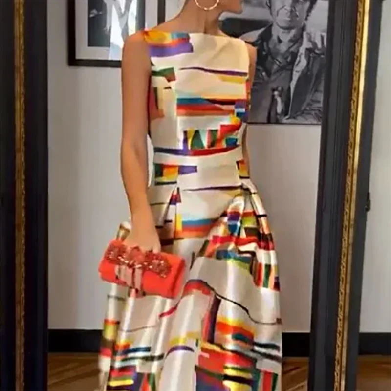 Maxy Elegant Printed O-Neck Evening Dress Sexy Hollow Sleeveless Waist Tank Dress New Casual Pleated Office Long Dress