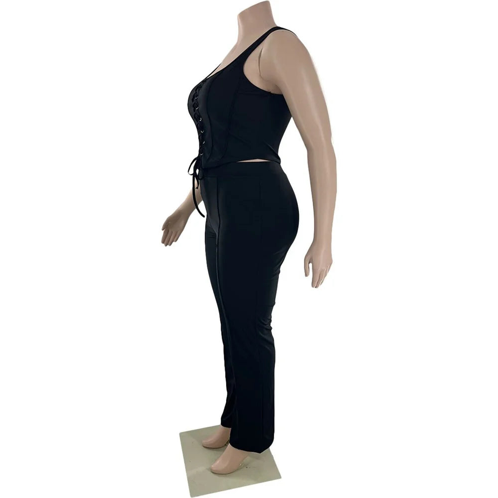 Maxy Plus Size Women Clothing 2 Piece Outfits Summer Bandage Top Flared Pants Fashion Matching Sets