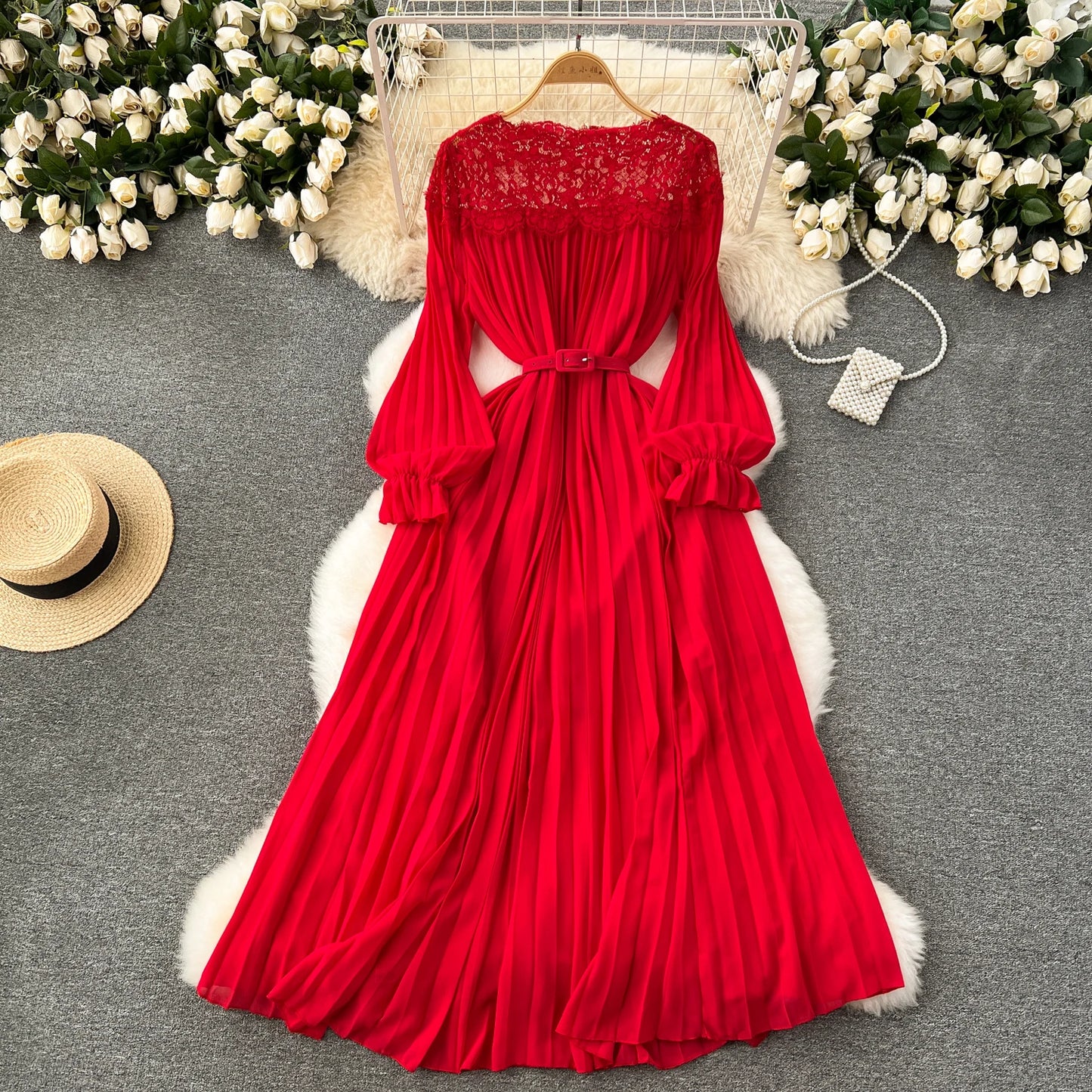 Spring Summer Women Hollow Out Lace Patchwork Pleated Long Dress Vintage Red/Blue/Purple Draped Maxi Vestidos Female Robe New