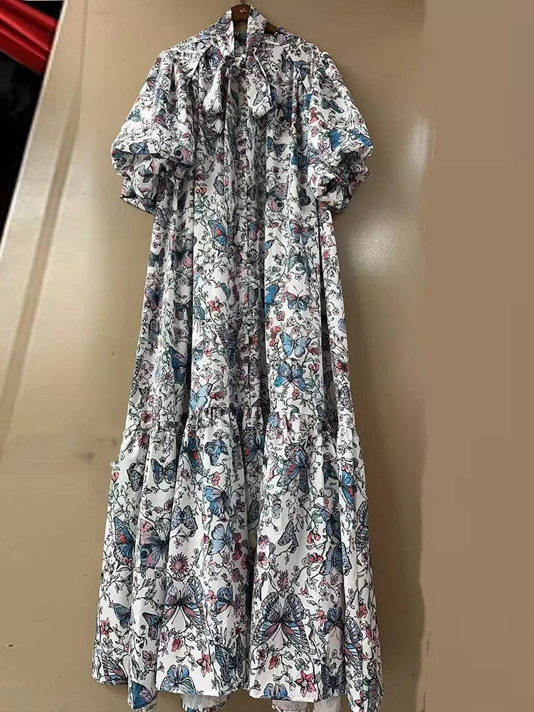 Maxy Elegant single-breasted bubble short sleeve geometric printing casual loose dress summer ladies temperament lace-up dress