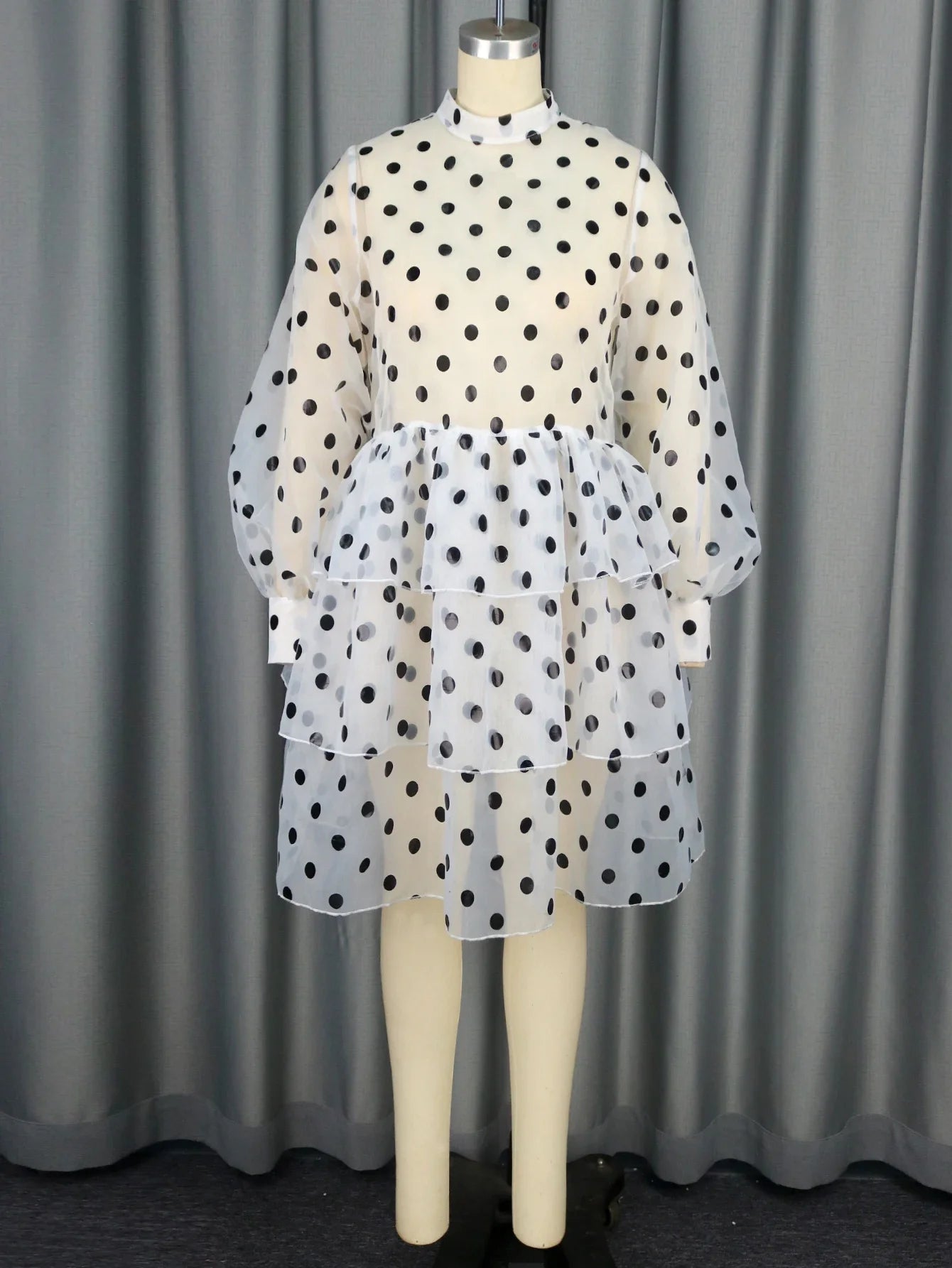 Women Polka Dot See Through White A Line Dresses Mock Neck Long Sleeve Empire Layered Cake Dresses Evening Party Gowns Plus Size