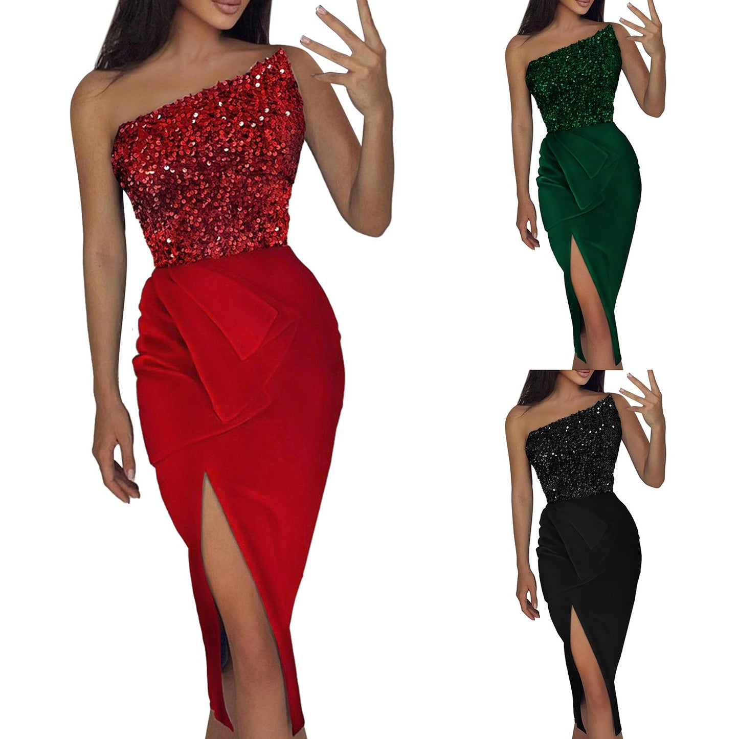 Macy Ladies Autumn Winter Sleeveless Stitching Glitter Sparkly Sequin Dress Cocktail Evening Party Dress.