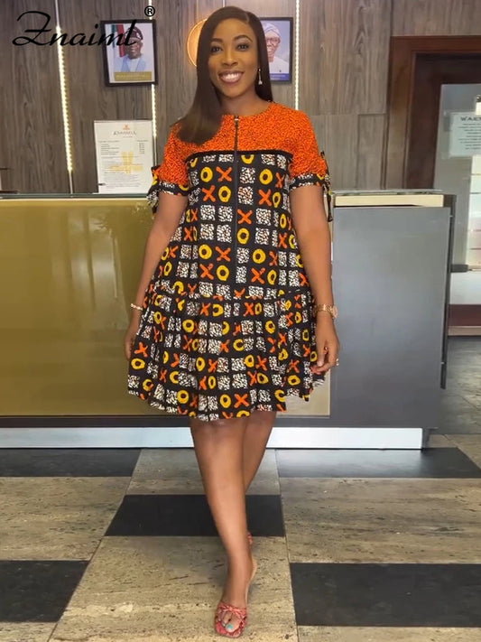 Maxy Elegant Indie Folk African Orange Mid Dresses Women A-line O-Neck Short Sleeve Loose Print Dashiki Ankara Birthday Festival Robe
