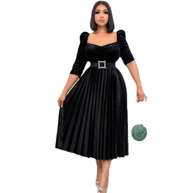 Maxy No Belt Women 3/4 Sleeve Midi Dresses African Solid Color Abaya Ankara Robes Shirring Dress Elegant Clothes Wedding Party Gown