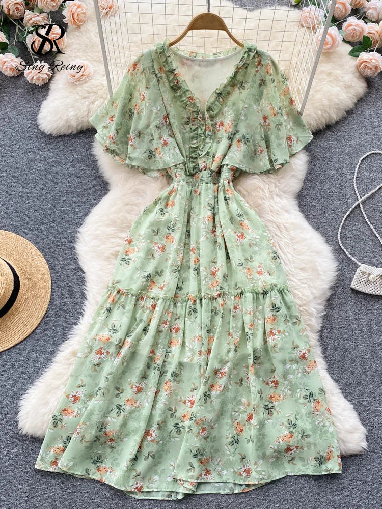 Maxy Ruffled Women Summer Long Dress 2024 Elastic Waist V Neck Vacation Chic Elegant Ladies A Line Slim Beach Dresses